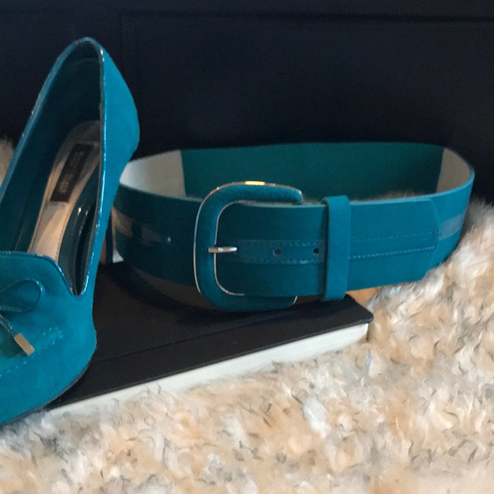 WHBM belt, turquoise suede with patent detail.
